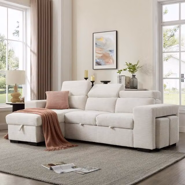 Azalea Reversible L-Shape Sofa with Chaise in Cream Jumbo Cord featuring Sleeping Function and Adjustable Headrests
