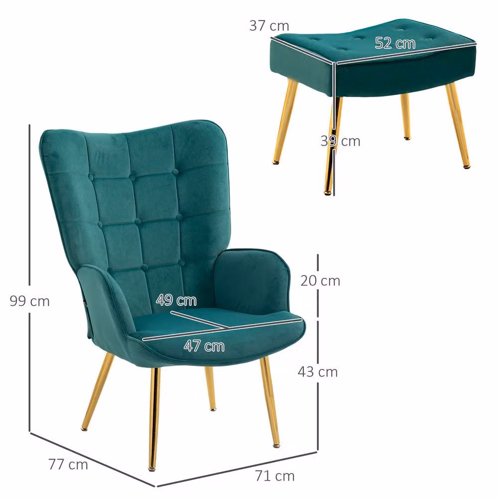STILVORA Green Velvet Wingback Armchair with Matching Ottoman and Metal Frame – 3