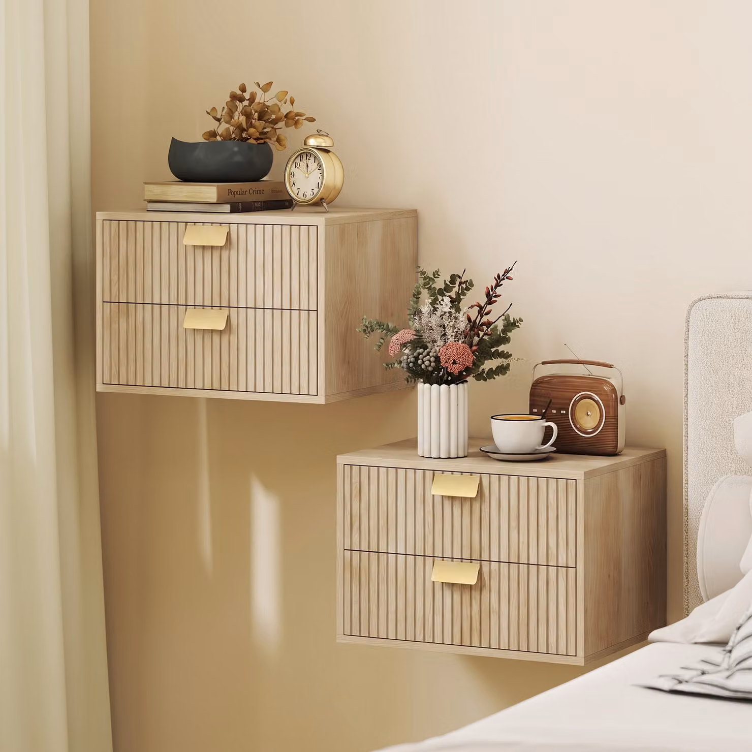 HOMCOM Set of 2 Modern Floating Nightstands, Wall Mounted Bedside Tables with 2 Drawers in Oak – 2