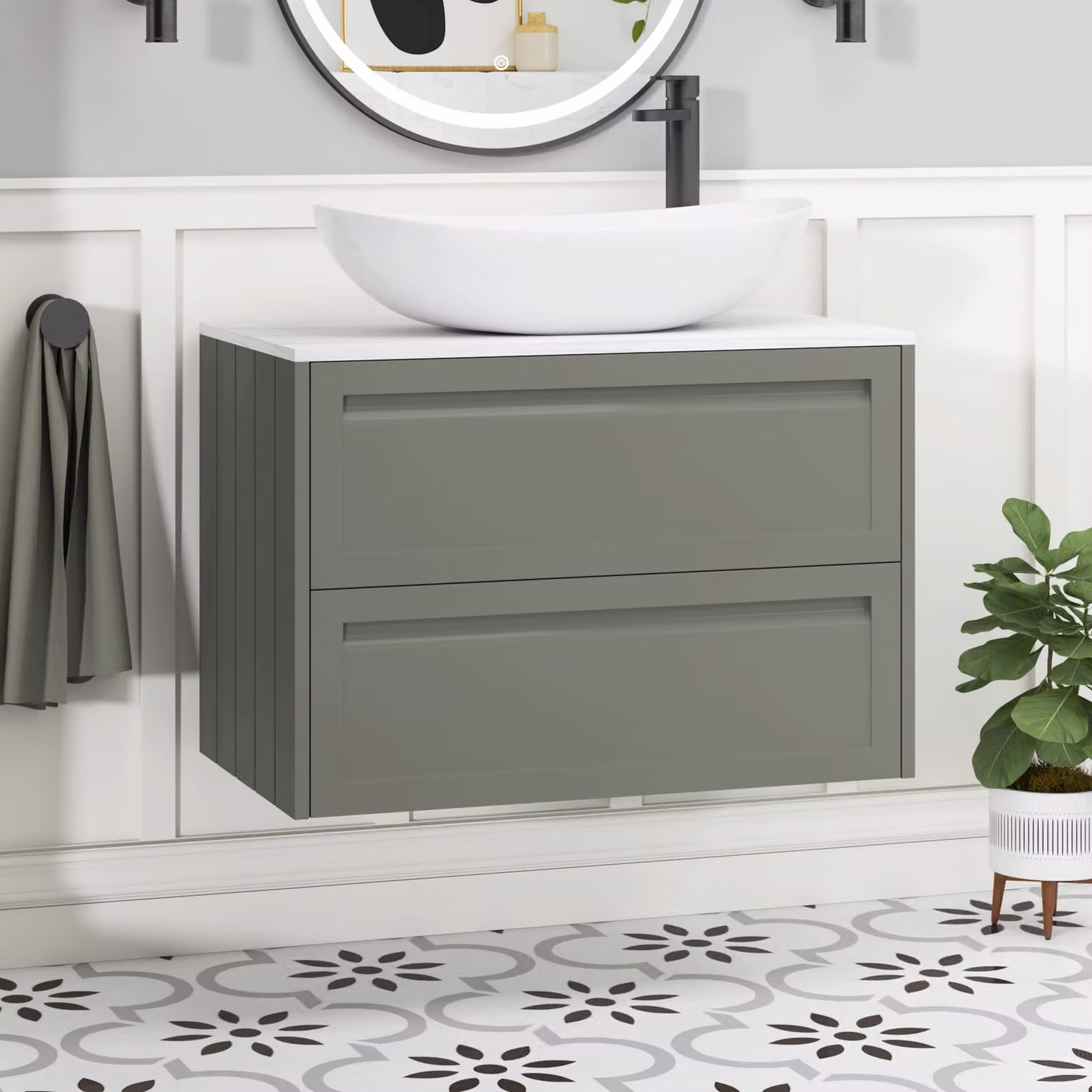 Royal Bathrooms Elmore Wall Hung Vanity Unit with Cesar Basin, Matt Green, Width: 80 cm
