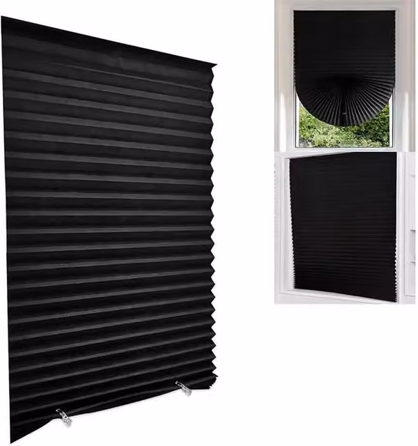PAWNORA Black Opaque Pleated Blinds, UV Resistant, W: 90 cm, H: 180 cm