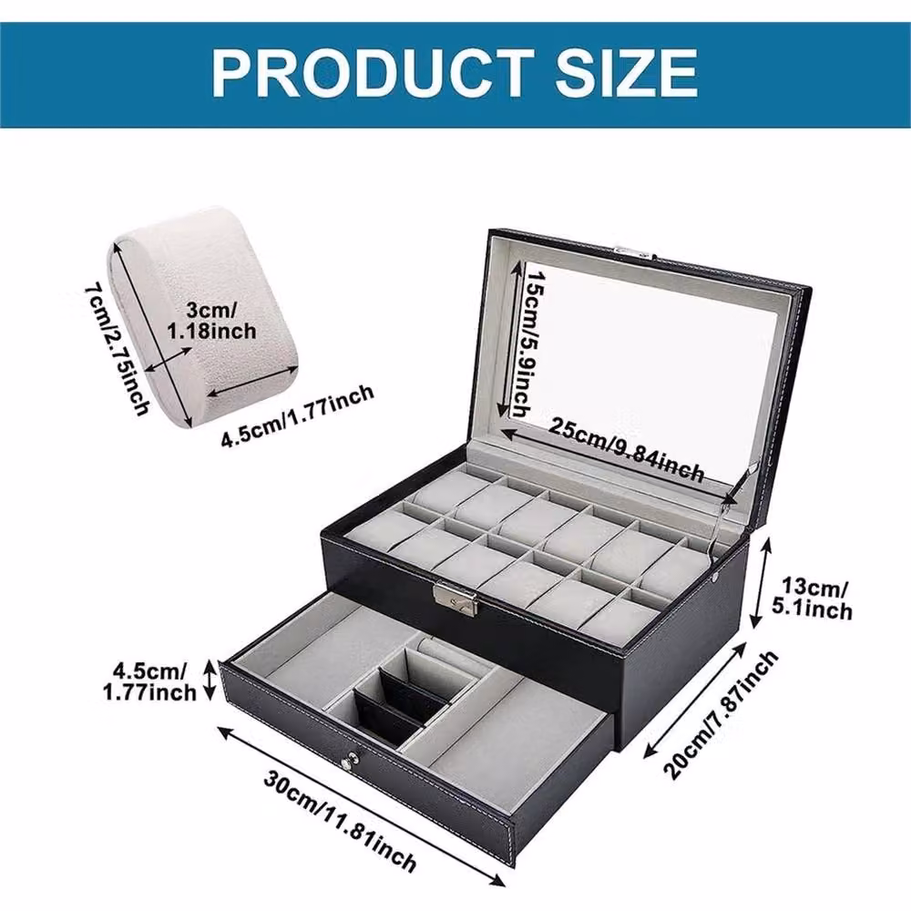 VOGREX Black Leather Watch Box with 12 Grids and Transparent Glass Display Lid – 2