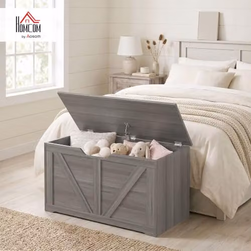 HOMCOM 100L Storage Chest with Safety Hinge in Grey Wood-Effect, W/D/H: 80 x 40 x 45 cm – 2