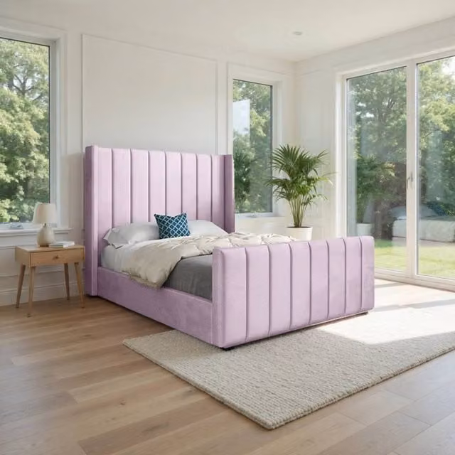 Casani Shildon Upholstered Velvet Designer Bed Frame, Pink, W/D/H: 200 x 137 x 189 cm – 1