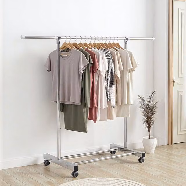 Livingandhome Adjustable Stainless Steel Single-Rod Clothes Drying Rack with Wheels, Silver