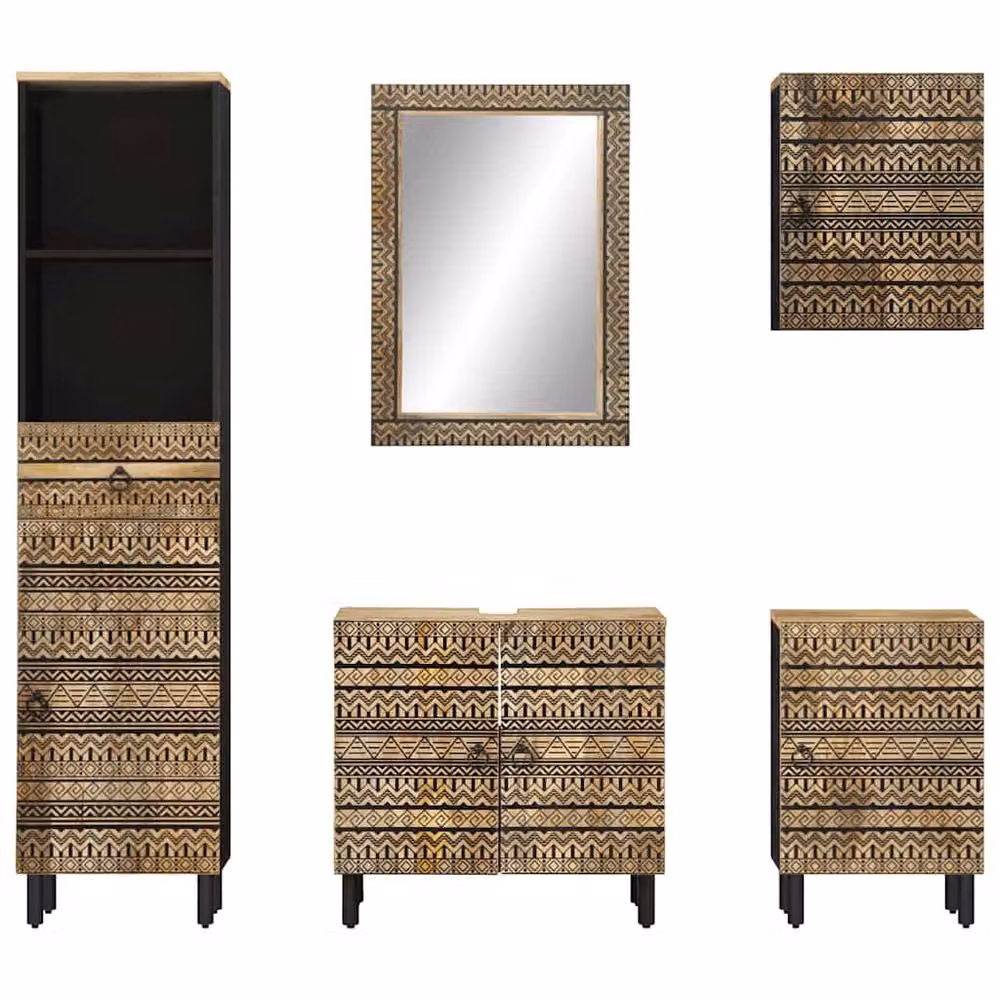 Berkfield Home 5 Piece Solid Mango Wood Bathroom Furniture Set in Brown – 3