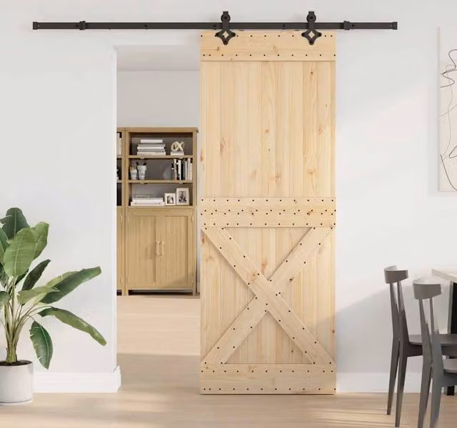 Berkfield Home Modern Sliding Door with Hardware Set in Beige Solid Wood and Steel, W: 85 cm, H: 210 cm – 1