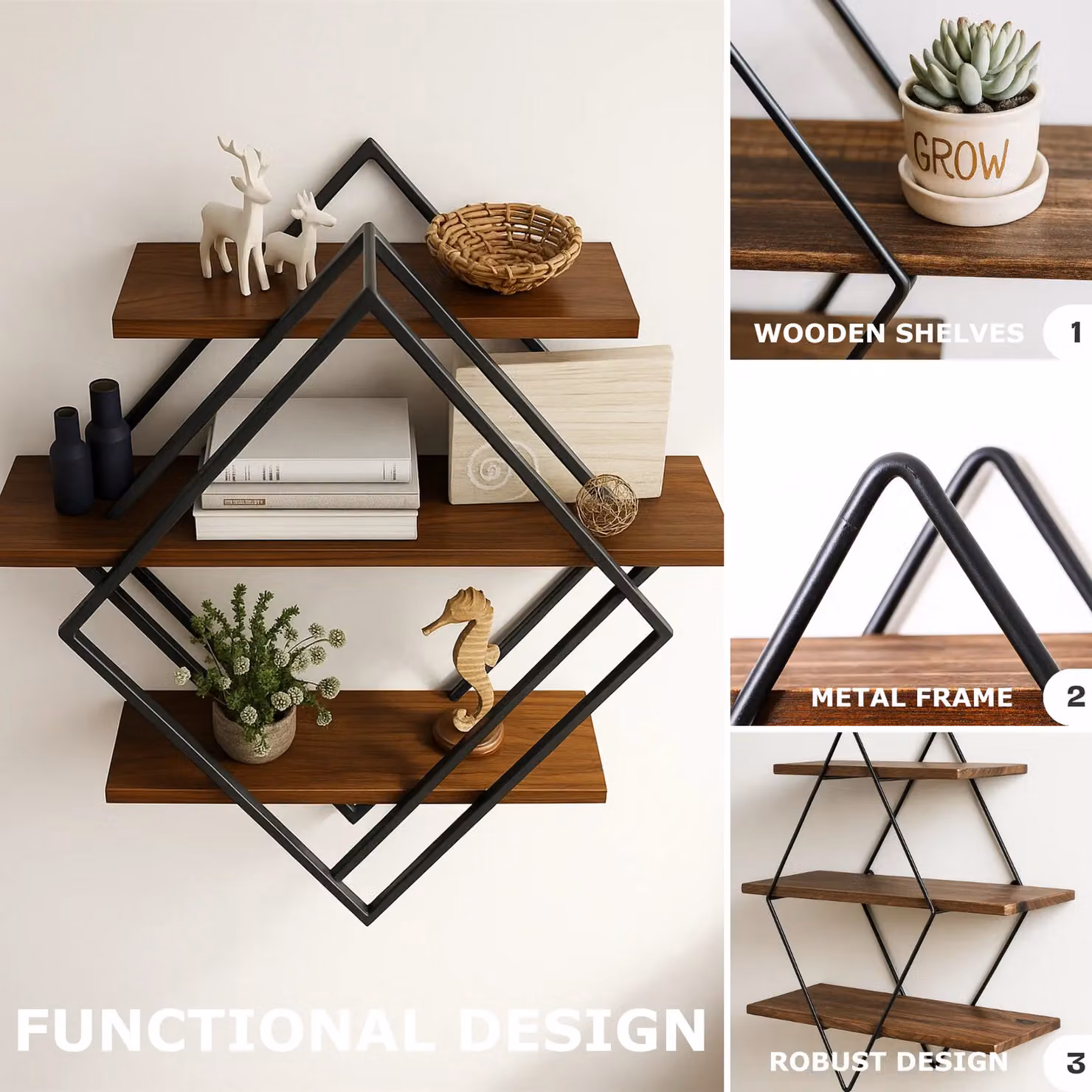Rafaelo Mobilia Industrial 3 Tier Brown Wooden Diamond Shape Floating Wall Shelf – 3