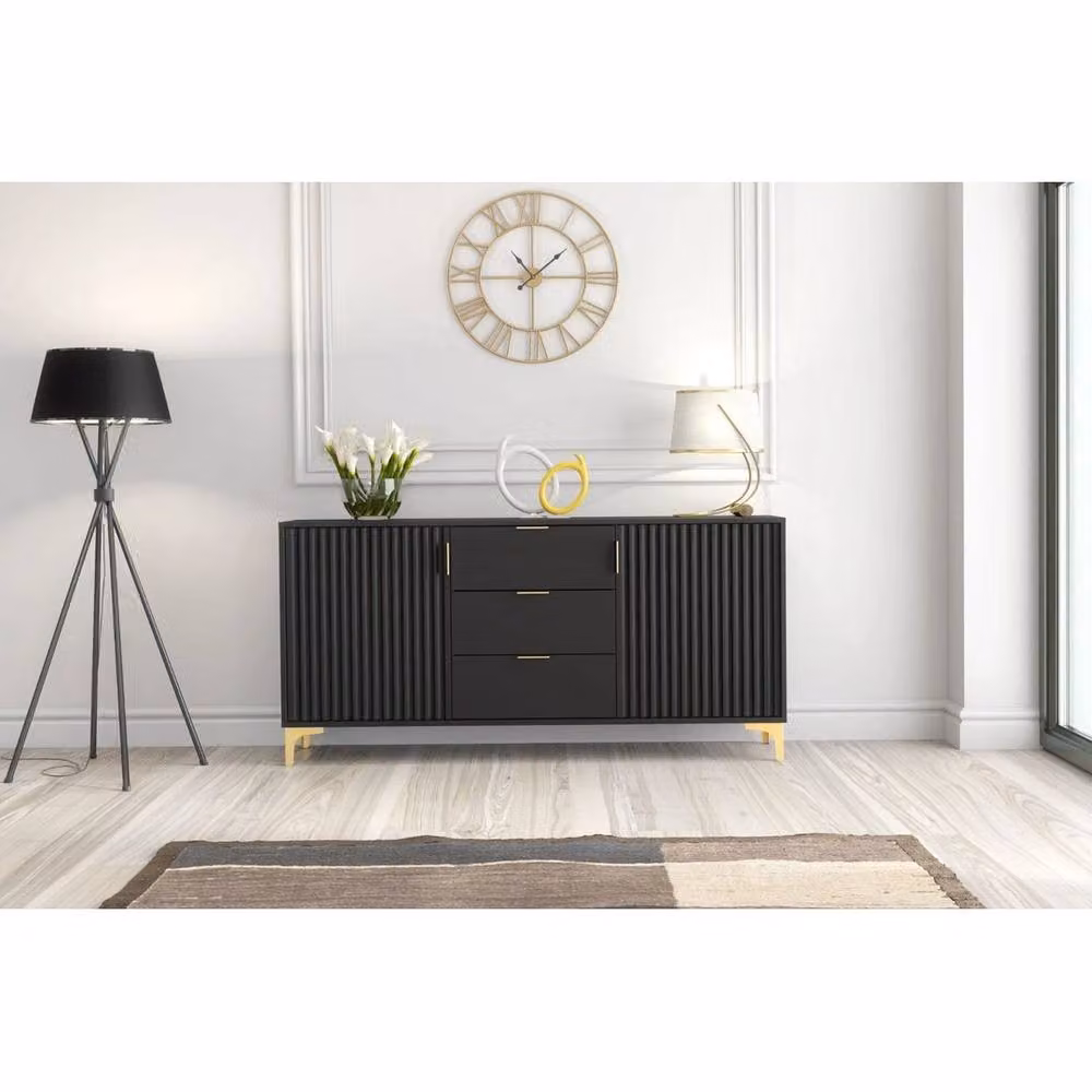 FORGEVIO Modern Black Wood TV Unit Sideboard Cabinet – 2