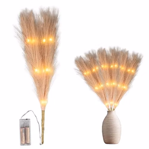 SHATCHI Prelit Champagne Pampas Grass Stem with Warm White LEDs, Beige, Height: 45 cm
