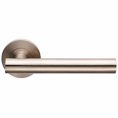 Loops Pair of Straight Round T-Bar Lever Door Handles with Slim Round Rose in Brushed Satin Steel