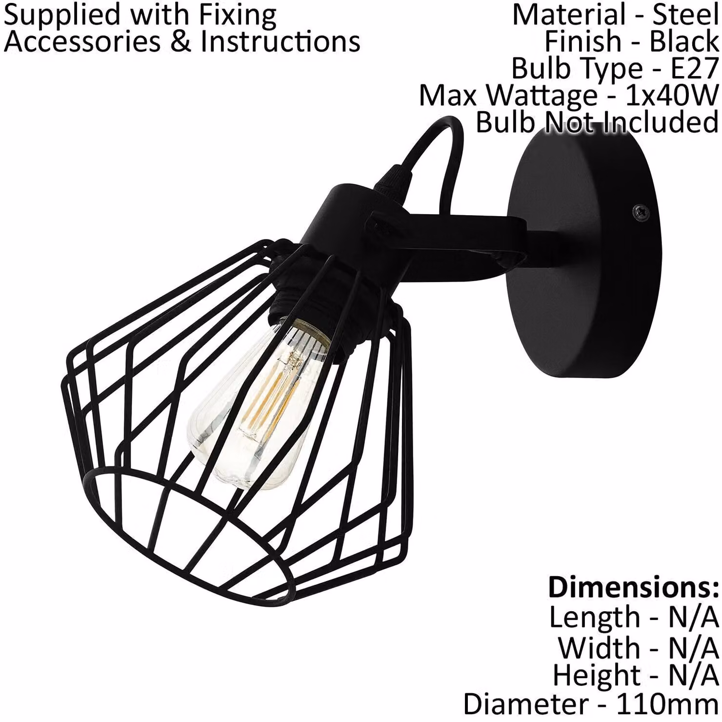 Loops 2 Pack Black Metal Open Wire Frame Ceiling and Wall Light with E27 Socket – 2
