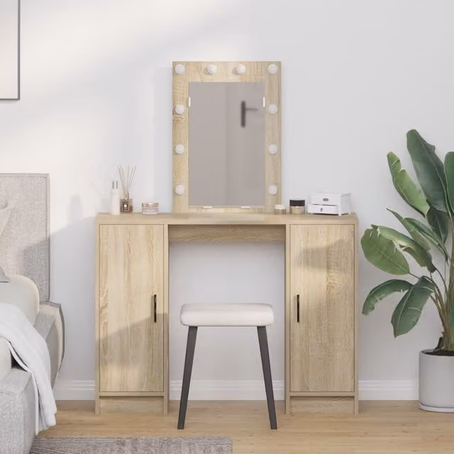 Berkfield Home Dressing Table with Hollywood LED Lights in Sonoma Oak and Beige, W/D/H: 102 x 33 x 135 cm