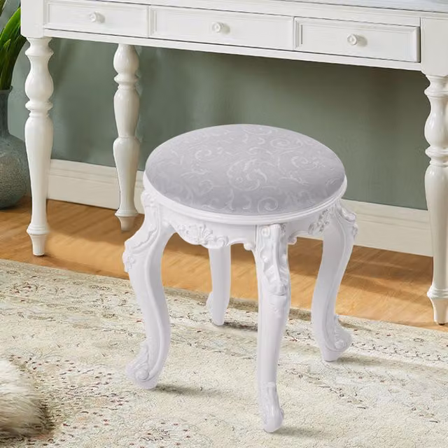 Livingandhome Flannel Round Upholstered Dressing Makeup Stool in White
