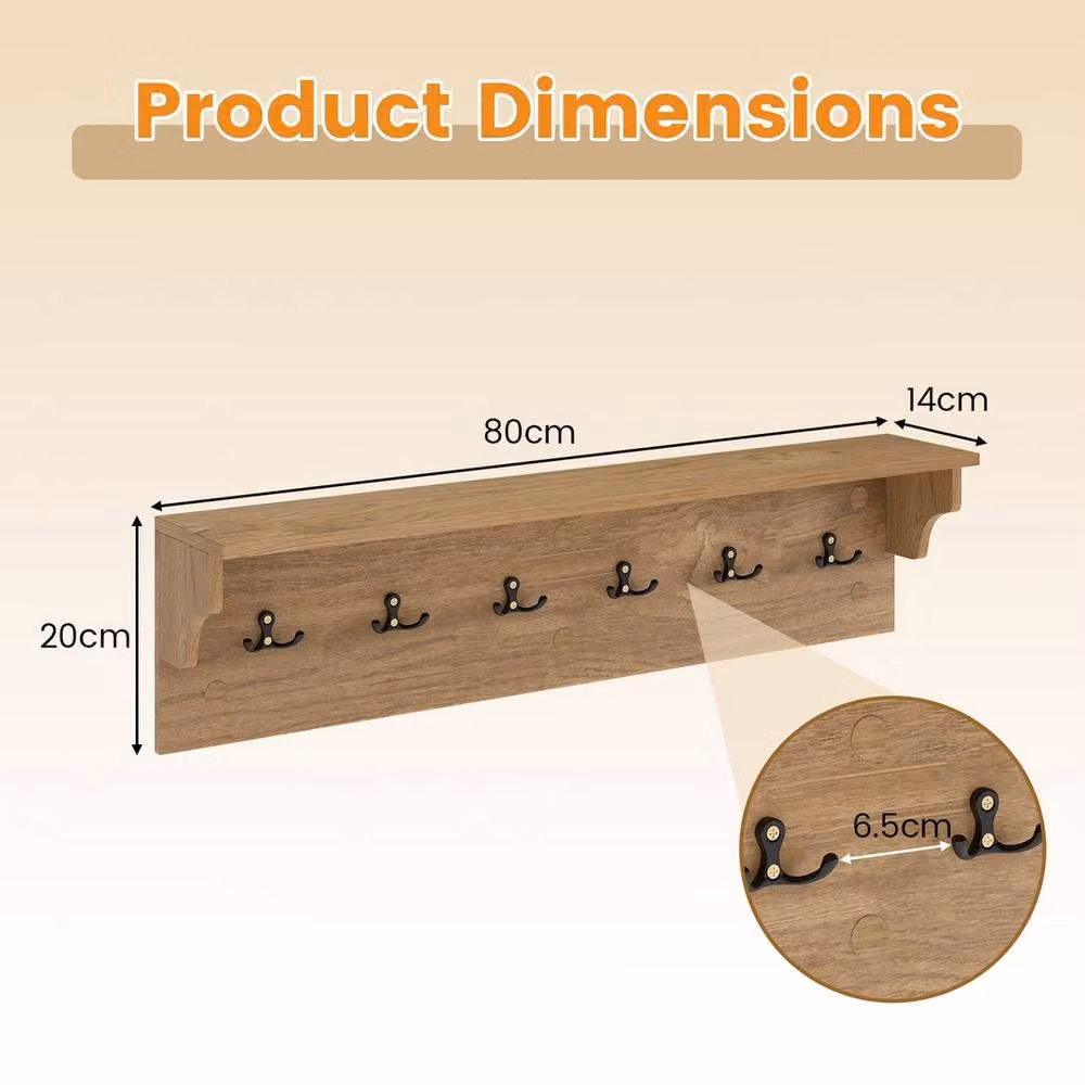VOGREX Wooden Wall Coat Rack with 6 Hooks in Brown and Sand, Width: 80 cm – 2