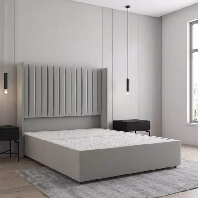 REGIONAL FURNISHINGS Plush Velvet King Size Divan Bed Base with 54 inch Headboard in Silver, W/D/H: 180 x 200 cm