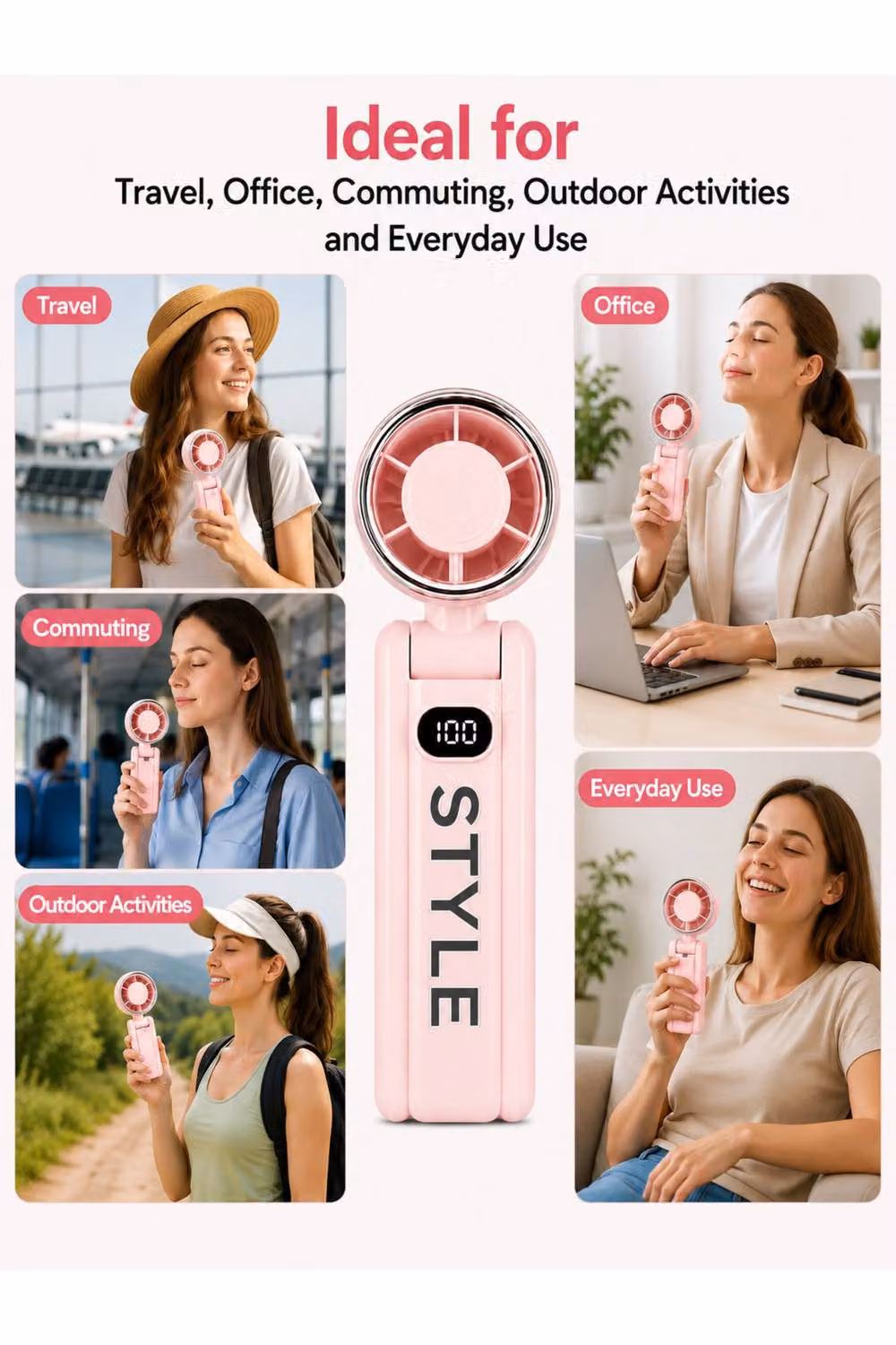 Dyzi Portable Handheld Mini Fan with 100 Speed Settings and LED Display, Rechargeable, Light Pink – 2