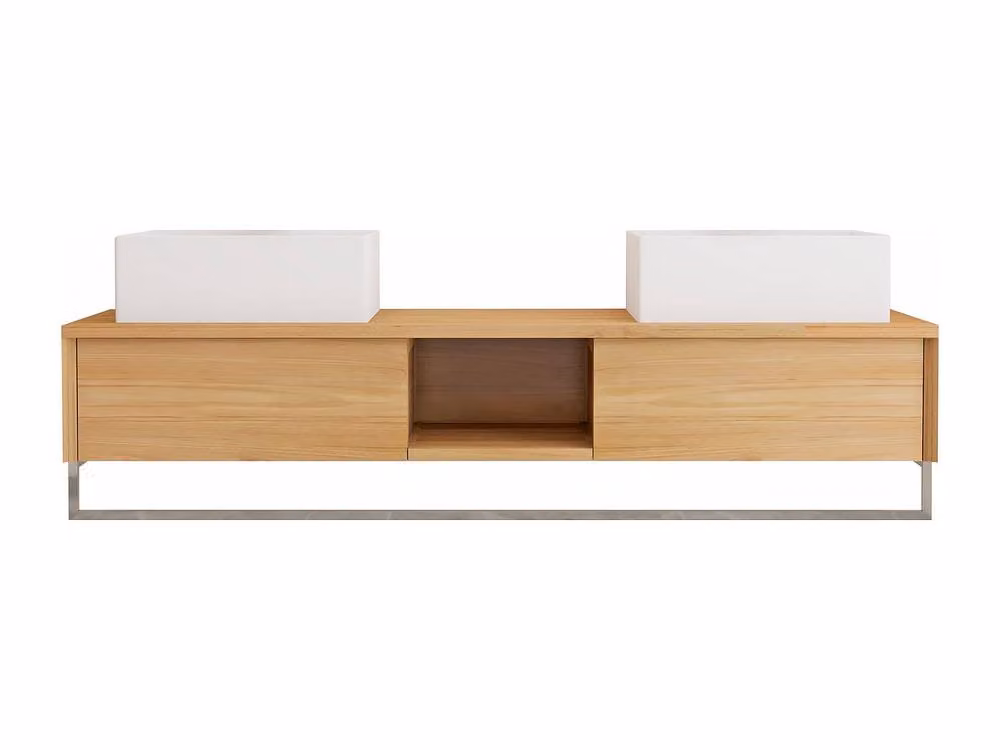 Vente-unique Suspended Teak Bathroom Vanity Unit with Towel Rail and Double Square in Light Oak – 2