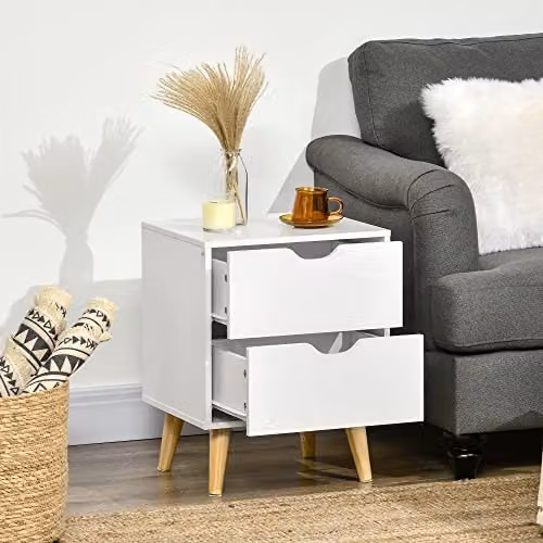 HOMCOM White Bedside Cabinet with 2 Drawers and Pine Wood Legs, W: 40 cm, D: 35 cm, H: 50.5 cm – 4