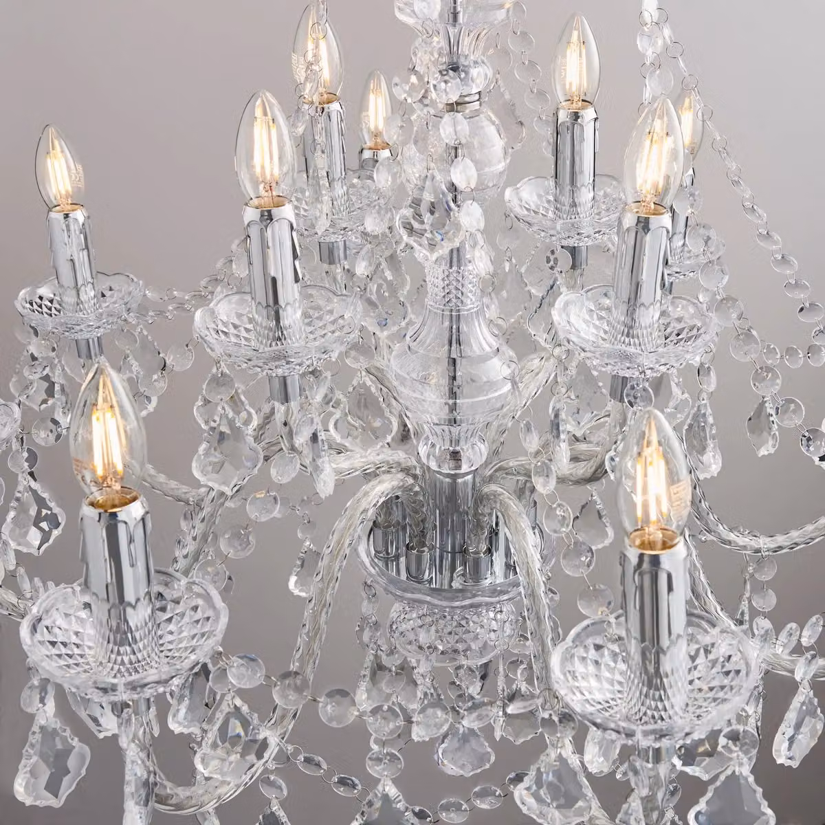 Netlighting Clarence 12 Light Chandelier in Chrome with Grey Faceted Droplets – 2