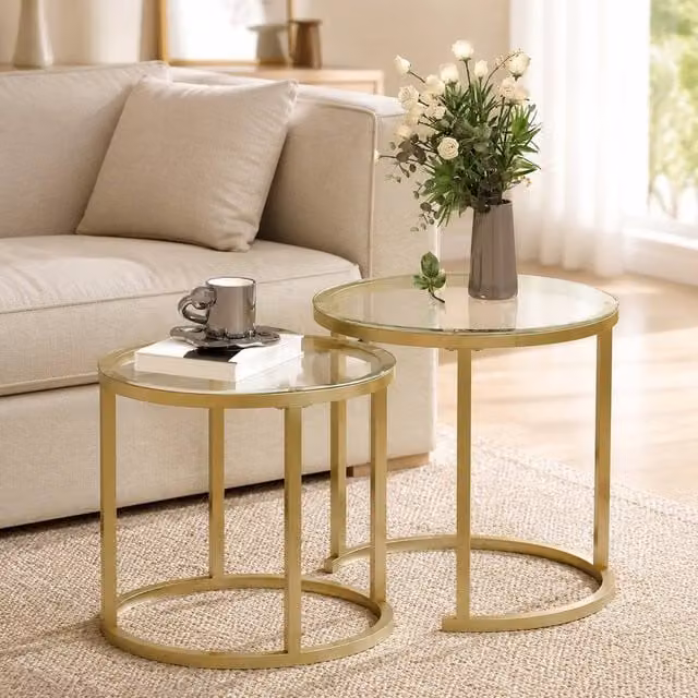 STILVORA Nest of Tables with Round Tempered Glass Tops and Gold Steel Frame – 1