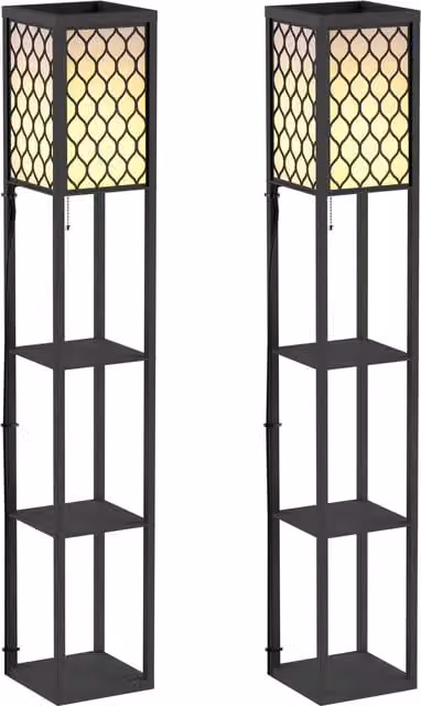 HOMCOM Set of 2 Modern Black Three-Shelf Floor Lamps with Wood and Metal Design – 1