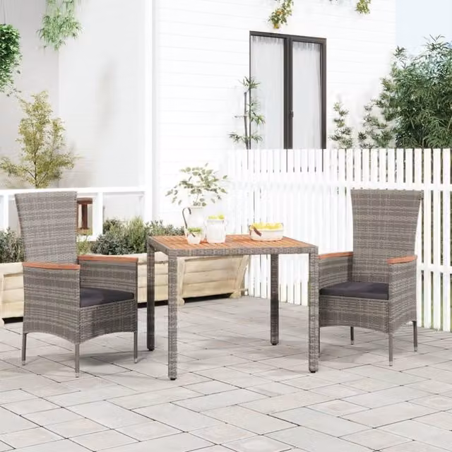 Berkfield Home Grey Poly Rattan Garden Table with Acacia Wood Top