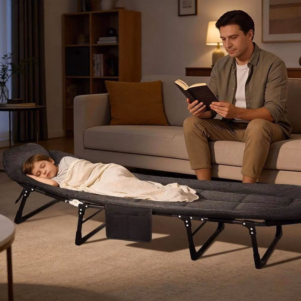 VOGREX Portable Folding Camping Cot for Adults with Cushion Pillow and Bedside Shelf in Black – 6