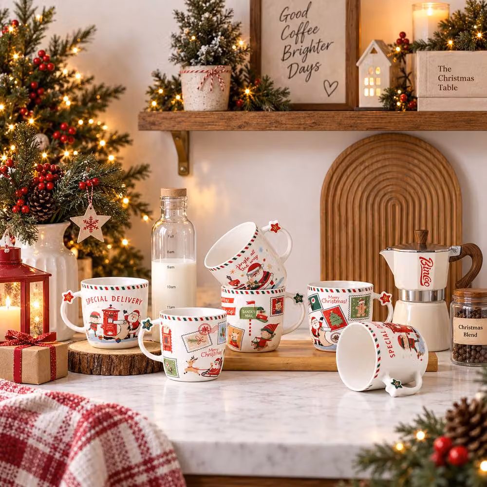 Simpa Letters to Santa Christmas Ceramic Mug Collection, Multicolour, Set of 6, 360ml – 4