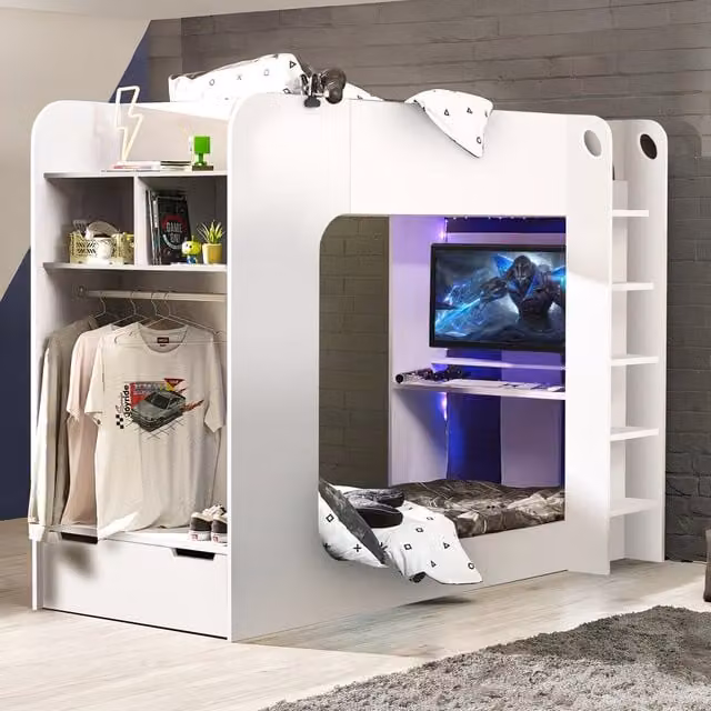 Julian Bowen Impact Gaming Bunk Bed in White with Metal Frame and Under-Bed Lighting