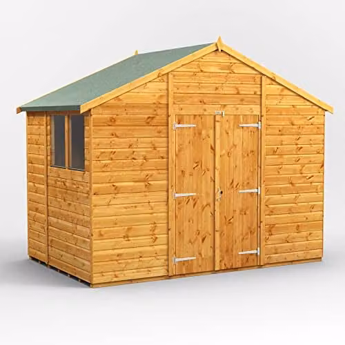 Powersheds Premium Apex Wooden Garden Shed in Natural Brown with Double Doors, 12mm Timber and Toughened Glass Windows – 1