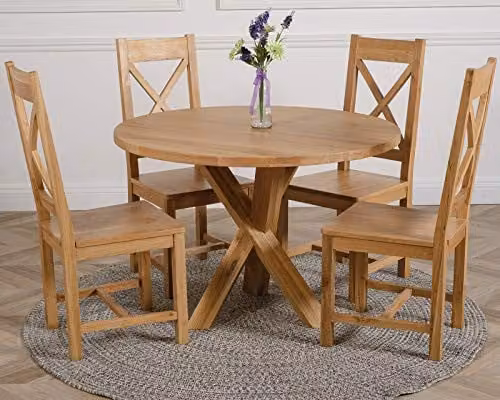 Oak Furniture King Oregon Solid Oak Round Dining Table and 4 Berkeley Oak Chairs Set, Brown, Diameter: 110 cm, Height: 76 cm