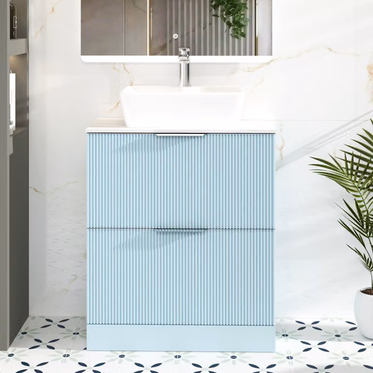 Royal Bathrooms Evora Powder Blue Fluted Floor Standing Vanity Unit with 2 Drawers and Stone Countertop Basin
