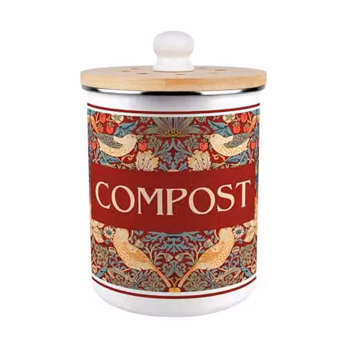 Wenko Strawberry Thief Red Metal Compost Caddy with Removable Inner Bucket and Odour Filter, 2L – 2