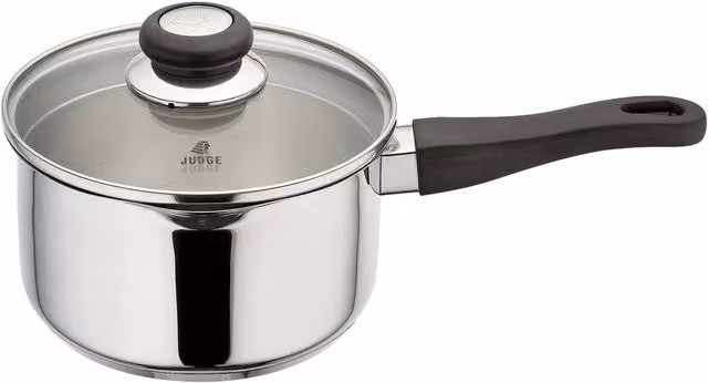 Judge Vista Non-Stick Draining Saucepan with Glass Lid, Metallic Silver, 2.1L, Diameter: 18 cm