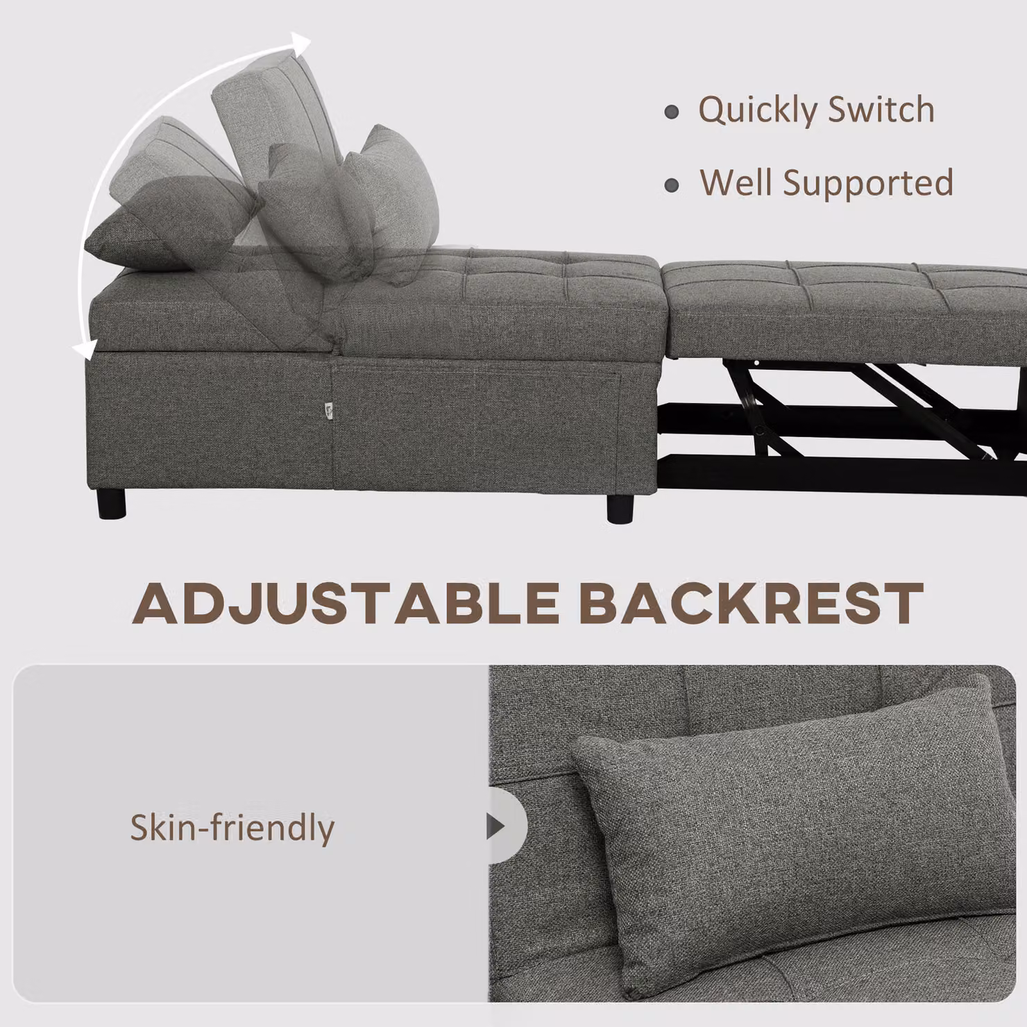 HOMCOM 4-in-1 Single Sofa Sleeper Chair with 3-Position Adjustable Back and Dual Side Storage Pockets, Dark Grey – 5