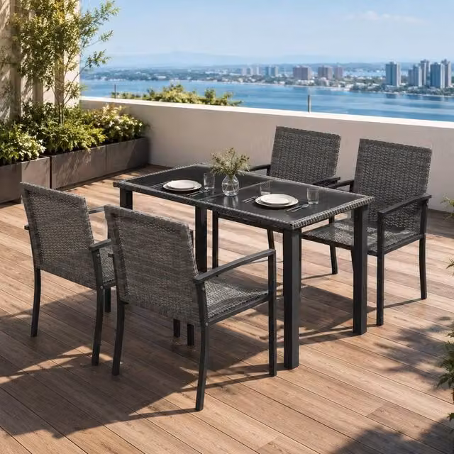 STILVORA 5-Piece Outdoor Dining Set with Grey Tempered Glass Rectangular Table and Powder Coated Steel Chairs – 1