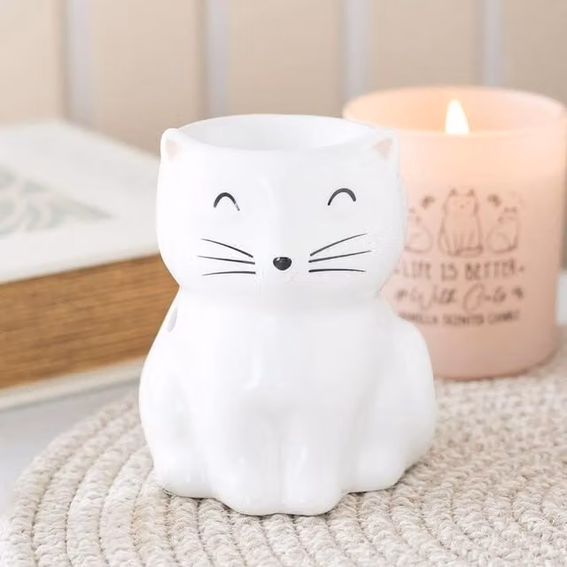 Uniqueful White Happy Cat Ceramic Tealight Oil Burner