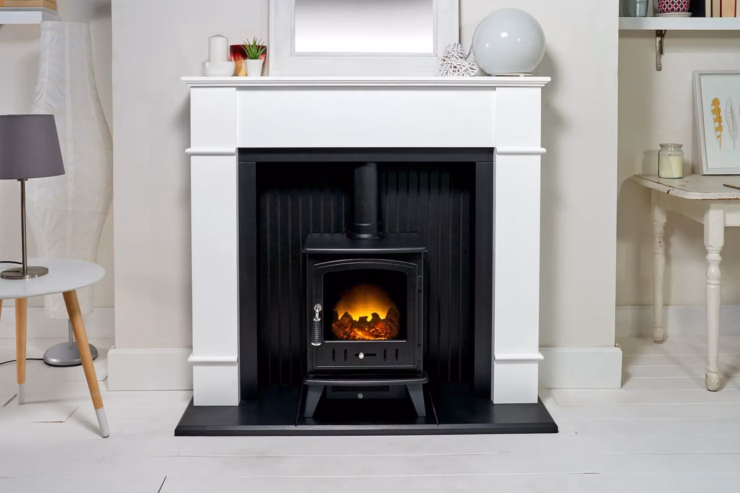 Adam Fires & Fireplaces Oxford Stove Fireplace in Pure White with Aviemore Electric Stove in Black, W: 121.92 cm – 4