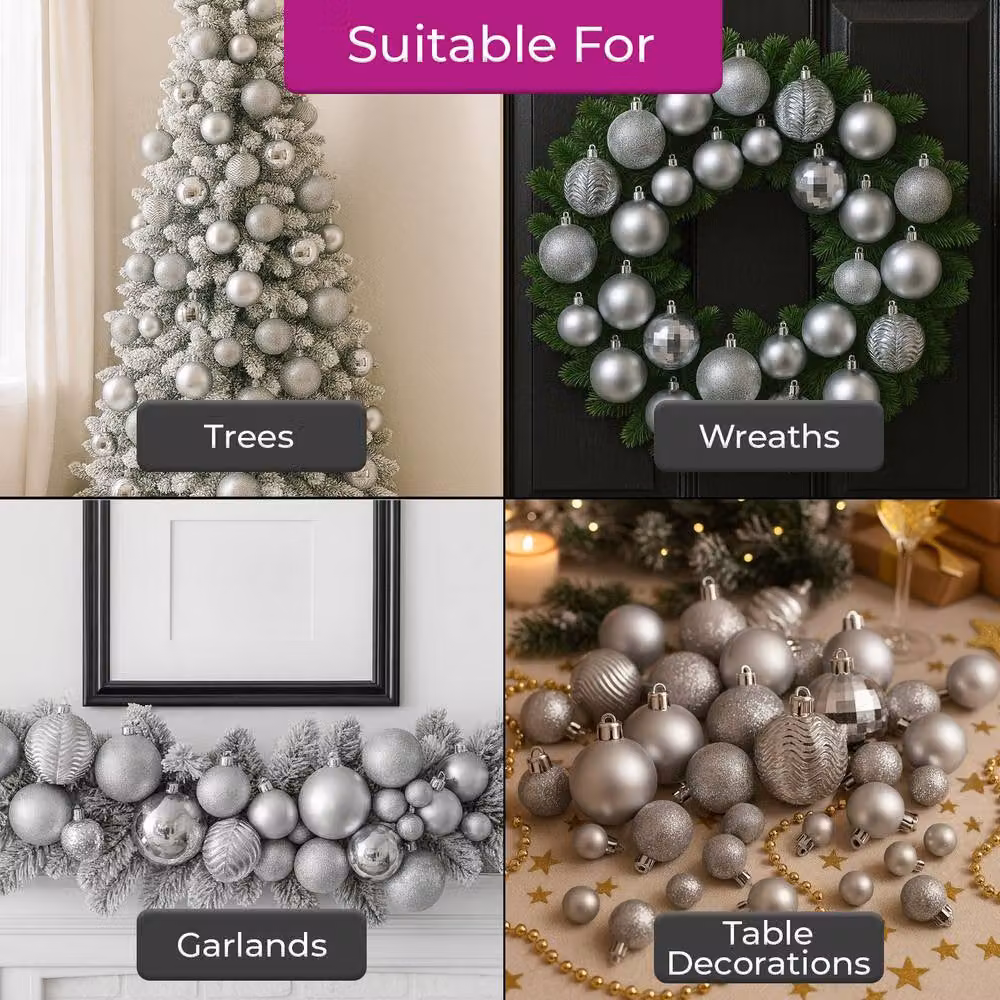 Neo Set of 36 Silver Round Plastic Christmas Tree Bauble Ornaments – 3