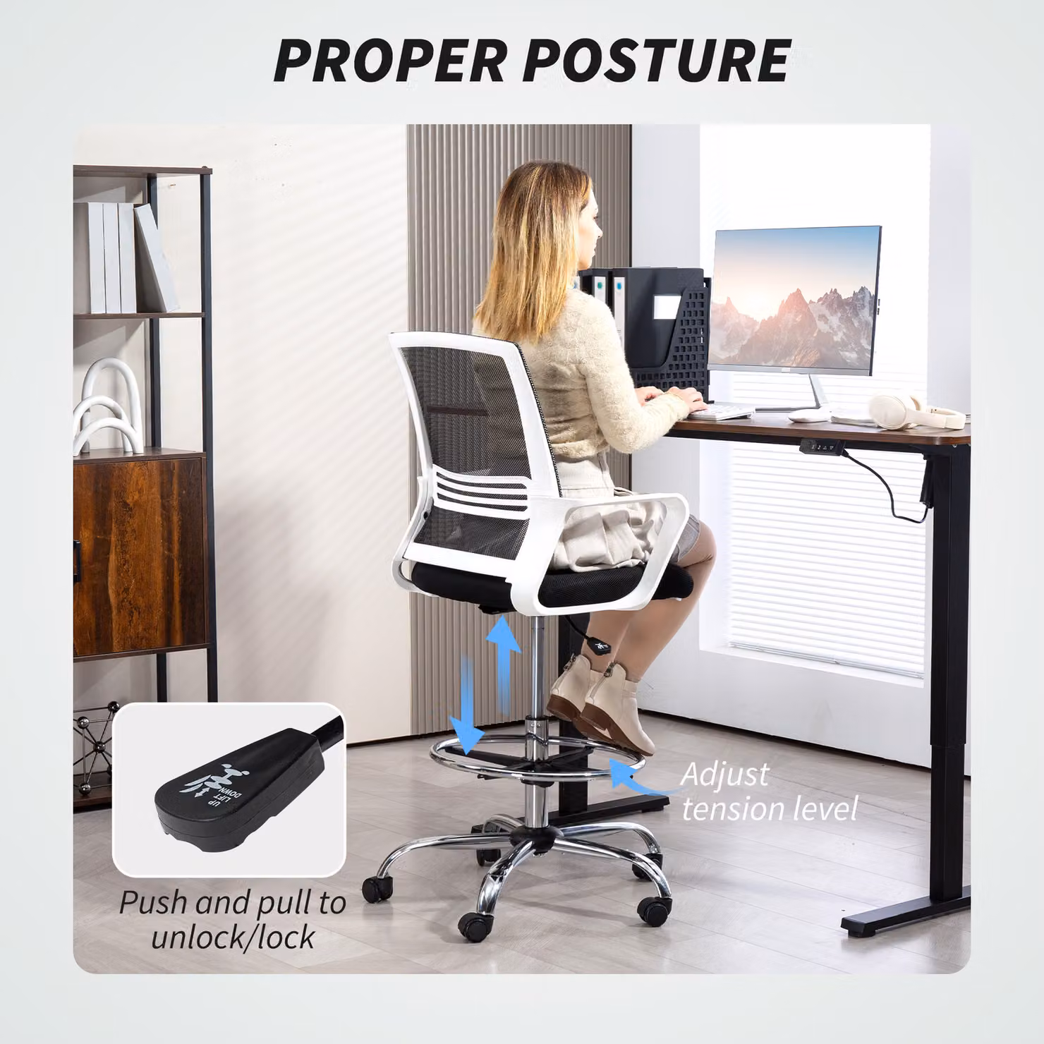 HOMCOM Black Ergonomic Mesh Drafting Chair with Lumbar Support and Adjustable Foot Ring – 5