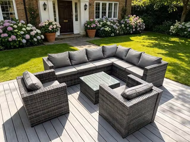 Fimous 8 Seater Anthracite Grey Rattan Corner Sofa Set with Coffee Table and Armchairs for Garden and Outdoor Use