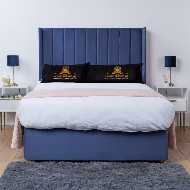 UK Bed Furniture Bella Wingback Divan Bed Base with 54 Inch Headboard in Blue Velvet, Size: 200 x 200 cm