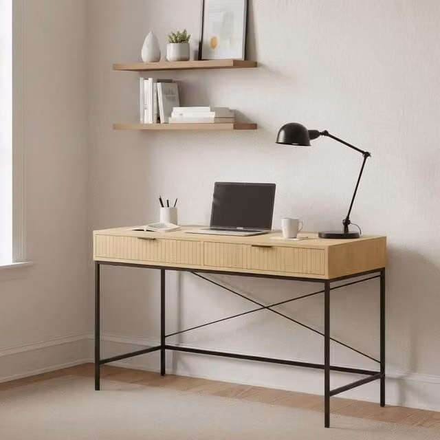 Home Source Wisbech 2 Drawer Oak Computer Desk and Home Office Workstation W/D/H: 120 x 48 x 75 cm – 1