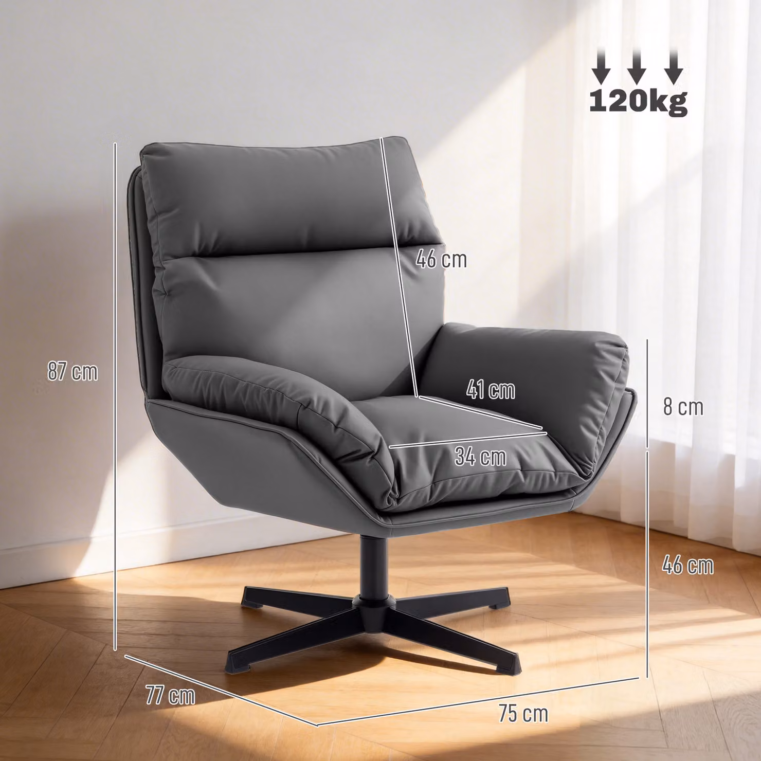 HOMCOM 360 Degree Swivel Accent Armchair with Padded Cushion in Dark Grey – 3