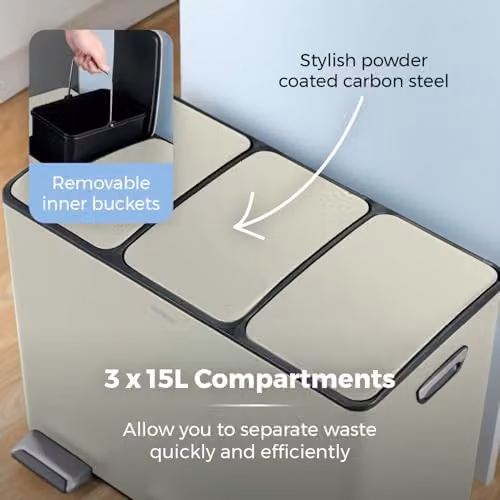 Tower 45L Recycling Pedal Bin with Removable Inner Buckets in Beige or Green – 3