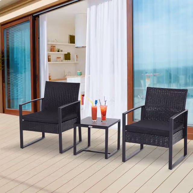 Outsunny 3 Piece Modern Polyrattan Bistro Dining Set with Glass Table in Grey and Black
