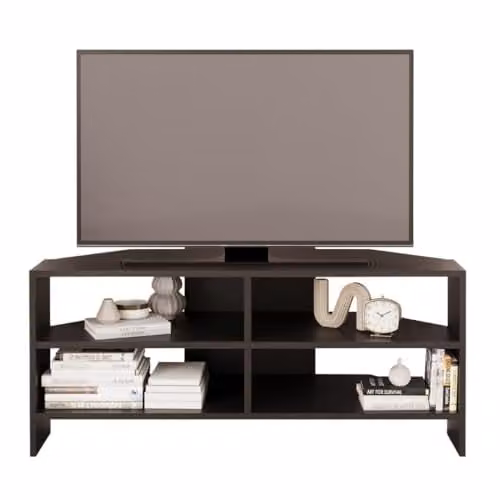 BIMOSSA Roy Modern Corner TV Stand for 43–48 Inch TVs, Black Media Console with Storage Shelves and Cabinet, W/D/H: 116.6 x 50.0 x 114.0 cm – 1