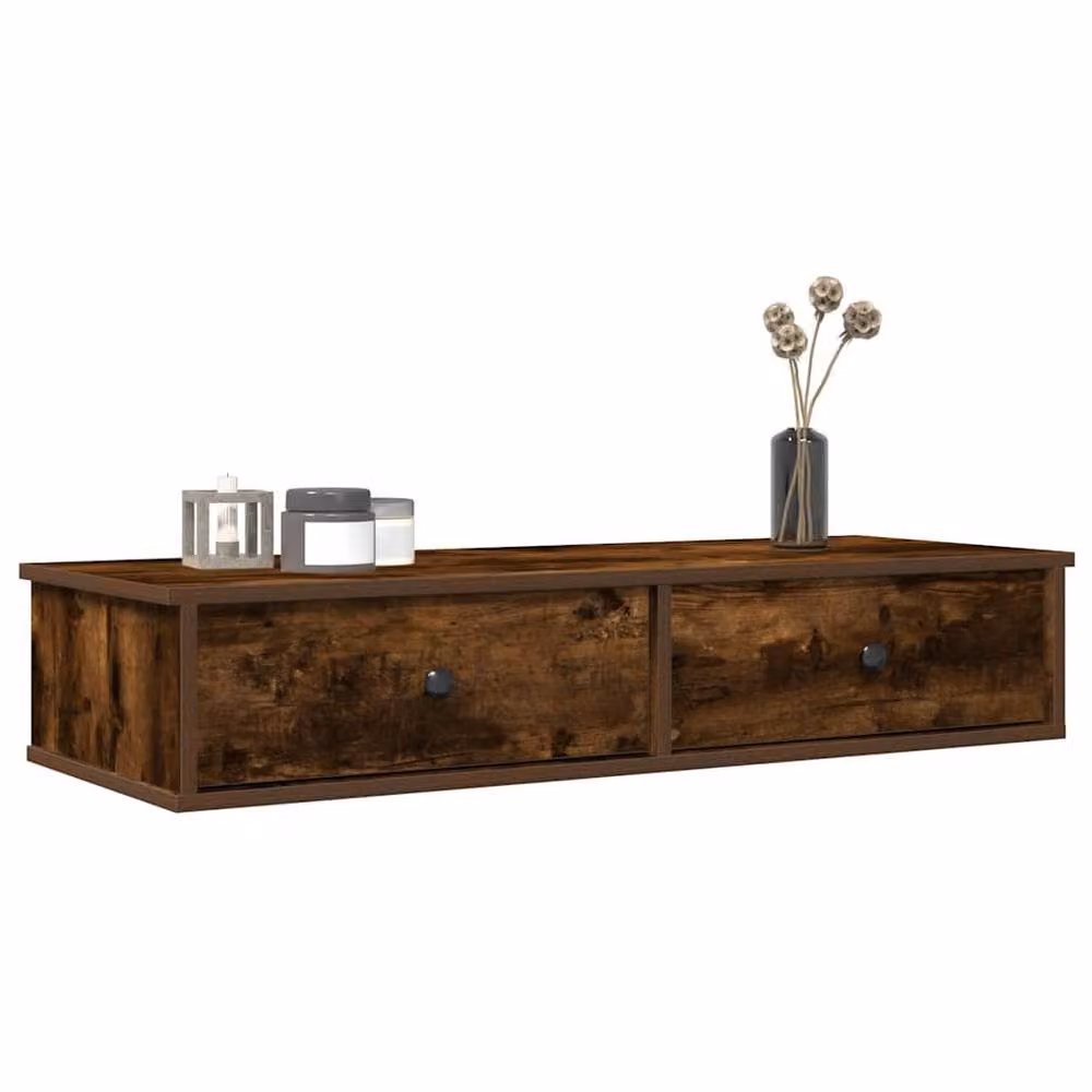 Berkfield Home Wall Mounted Shelf with Drawers in Smoked Oak Brown, W: 100 cm, D: 37.5 cm, H: 19 cm – 2