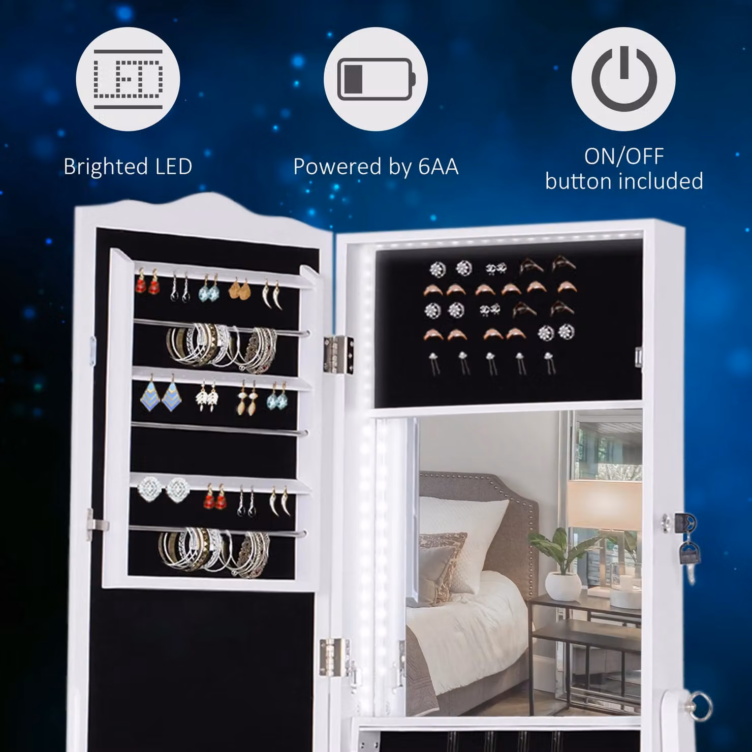 HOMCOM White Glossy LED Long Mirrored Jewelry Cabinet Armoire Floor Standing Organizer – 3